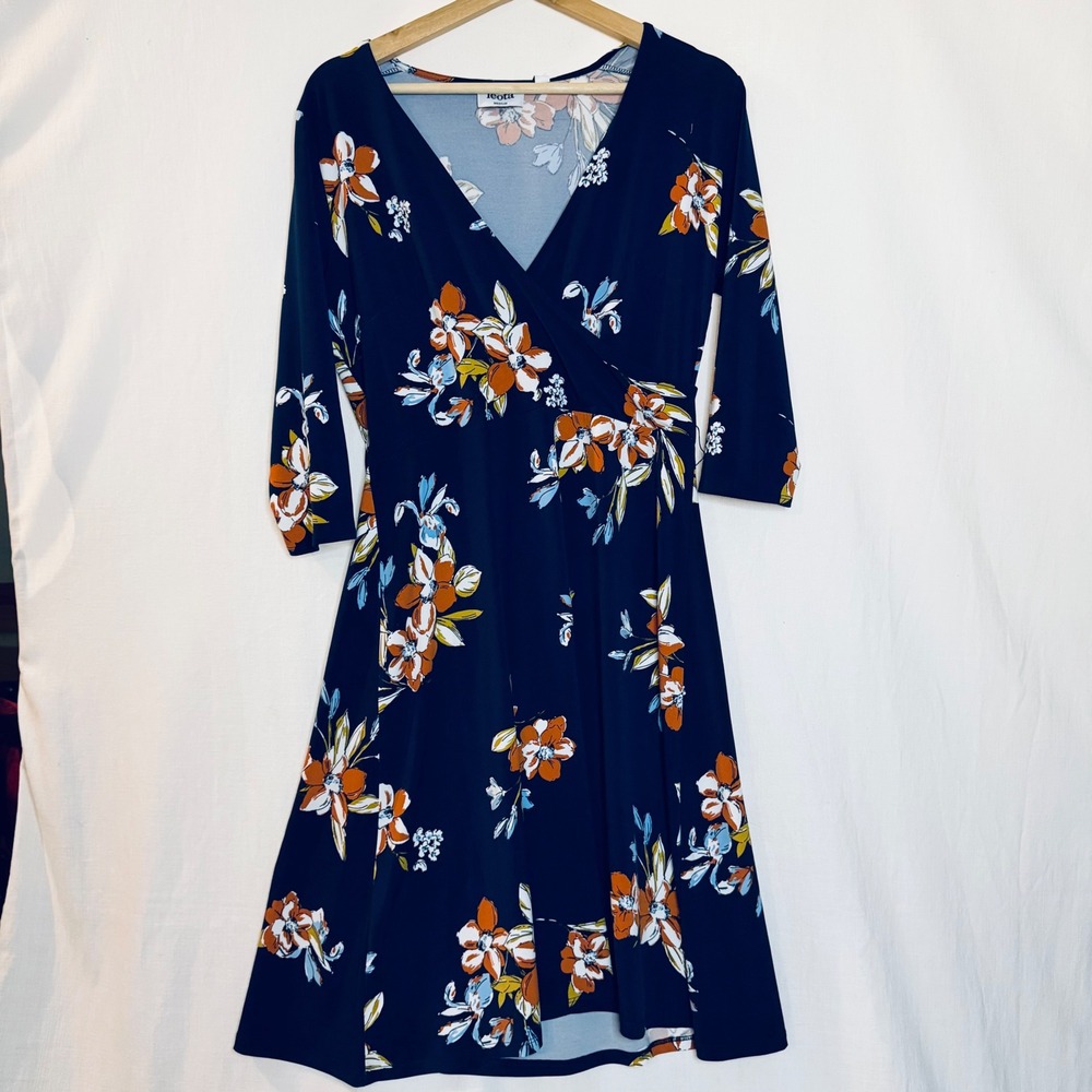 Leota Navy Blue Floral Faux Wrap Dress V-Neck 3/4 Sleeve Stitch Fix Medium NWT